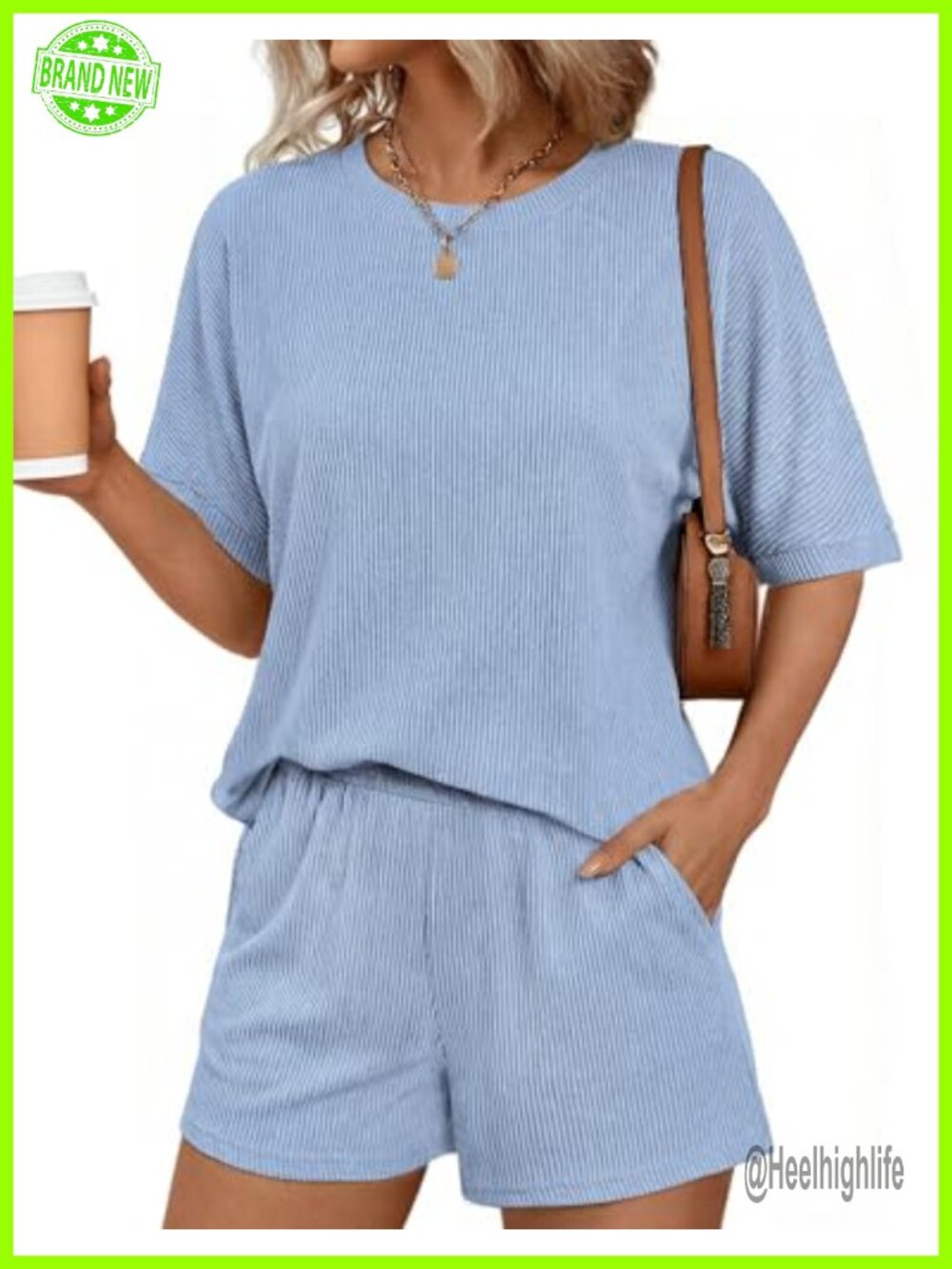 Ribbed Knit Two Piece Lounge Set Short Sleeve Top and Shorts